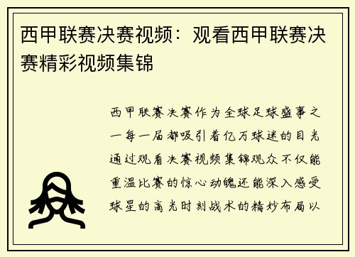 西甲联赛决赛视频：观看西甲联赛决赛精彩视频集锦