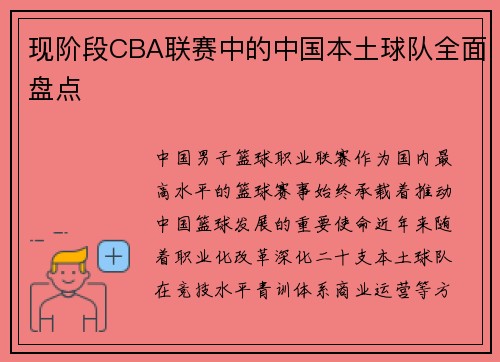现阶段CBA联赛中的中国本土球队全面盘点
